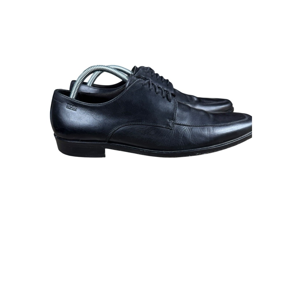 Hugo Boss Dress Shoe Size 9 Men's Embossed Logo Black Leather Lace Up Apron Toe - Picture 4 of 14